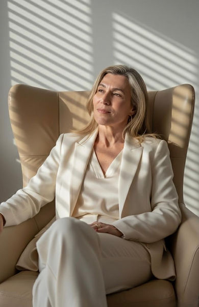 Valeria Reinig sentada em uma poltrona, em ambiente profissional
