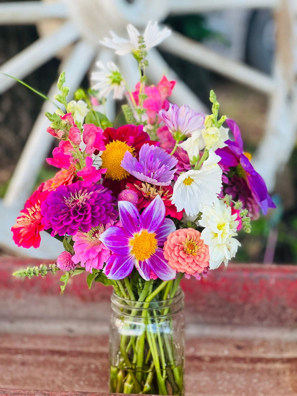 Colorful mixed bouquet with garden-grown flowers arranged in a mason jar.