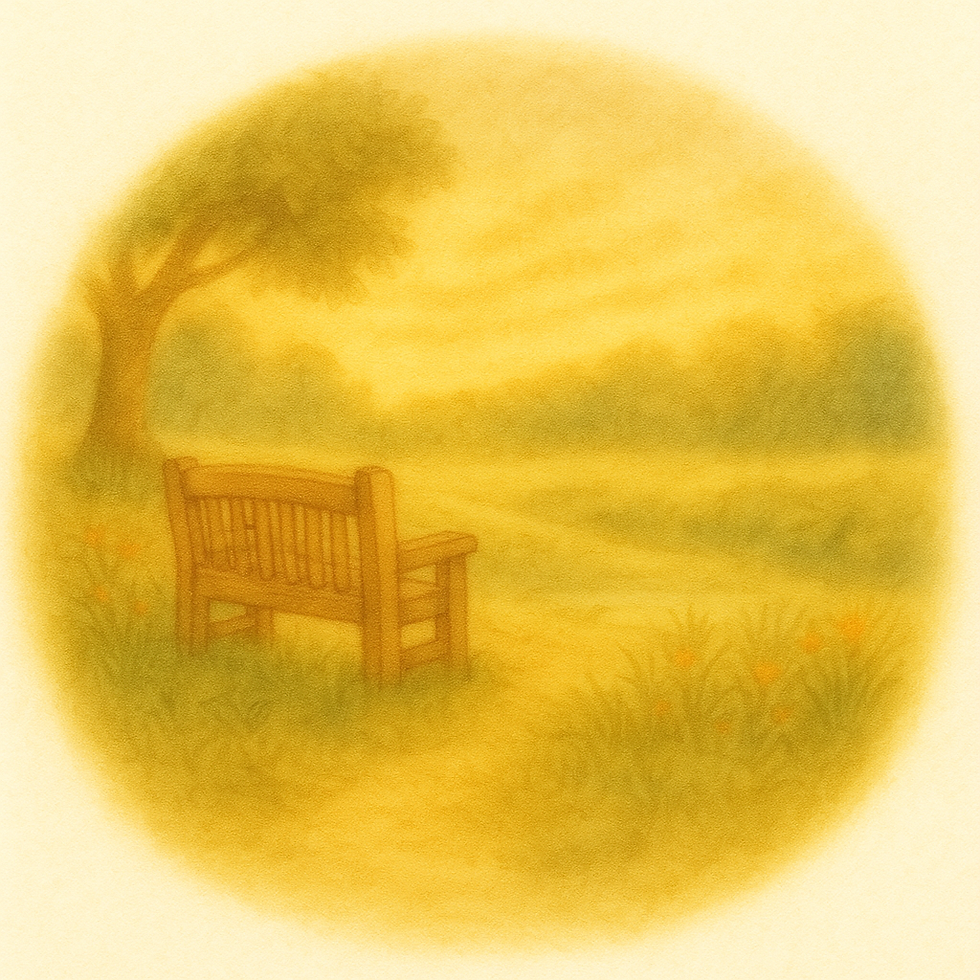 Soft watercolor illustration of a wooden bench in a quiet farm clearing, surrounded by gentle light and nature.”