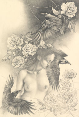 Woman with roses and crows drawing