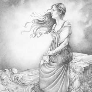 Woman with flowing hair, moonlit scene