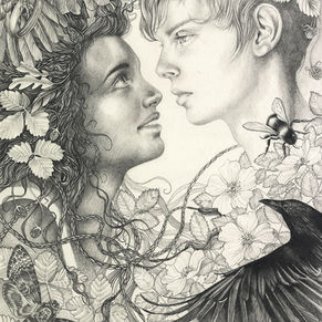 Illustration of two people facing each other, surrounded by nature elements. A Pocketful of Crows illustration, written by Joanne Harris and drawn by Bonnie Hawkins