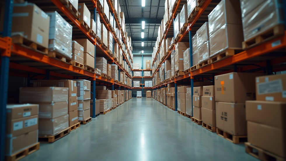 Eye-level view of a warehouse filled with neatly organized supplies