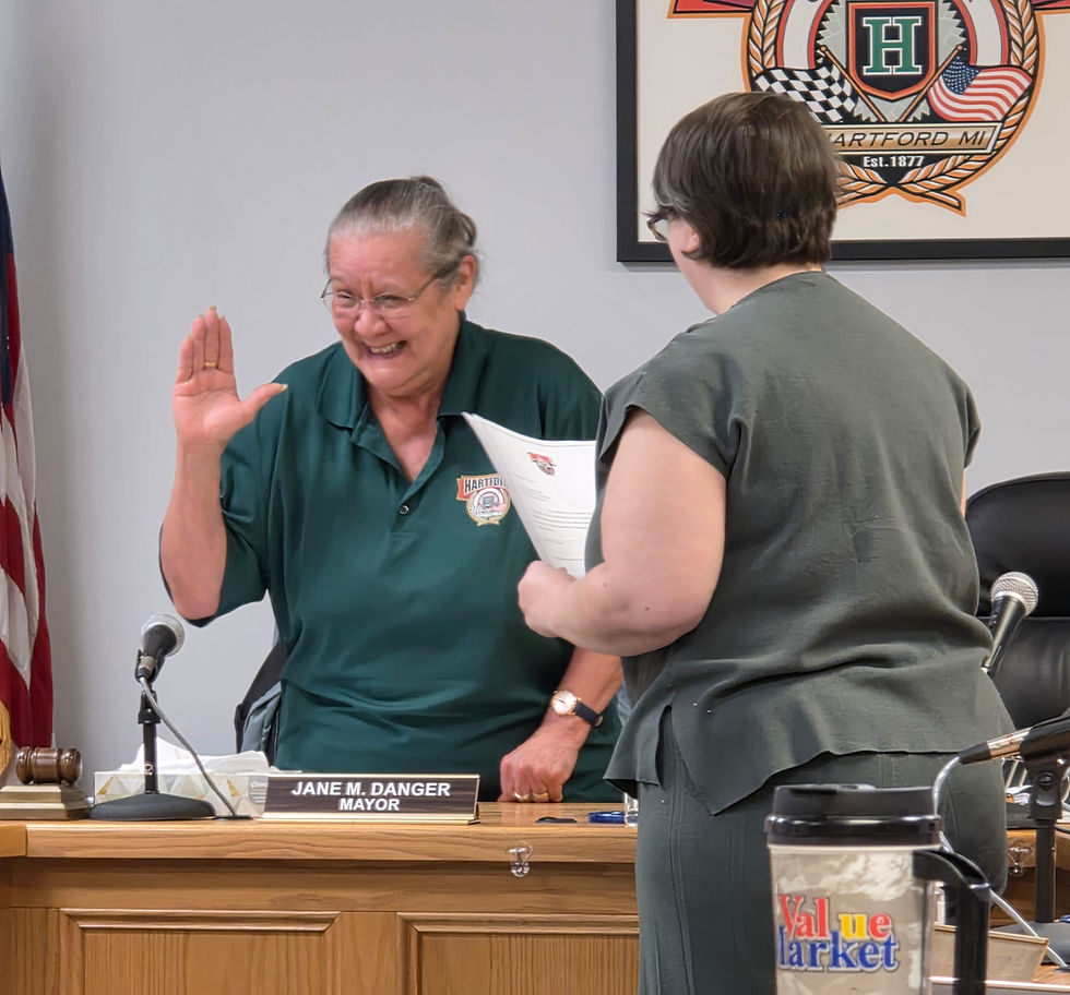 With a smile and a steady hand... Mayor Jane Danger is sworn in during the Nov. 24, 2025, Hartford City Council meeting at City Hall. Mayor Danger was elected for a 2-year term by beating out sitting mayor, Richard A. Hall and challenger, Tom VanLierop, in the Nov. 4, 2025 General Election. (TCR photo by Dylan Raucci)