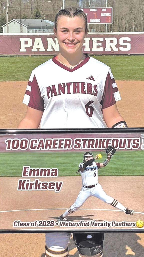 CAREER HIGHLIGHT… Sophomore Emma Kirksey helped earn the win for the Lady Panther’s varsity softball team in their season opener on Wednesday, March 25, 2026. The right-handed pitcher gave up eight hits and four runs (two earned) over seven innings from the Lady Eagles of Schoolcraft, striking out seven and walking one. In doing so, she reached the milestone of her 100th varsity career strikeout. (Contributed photo)