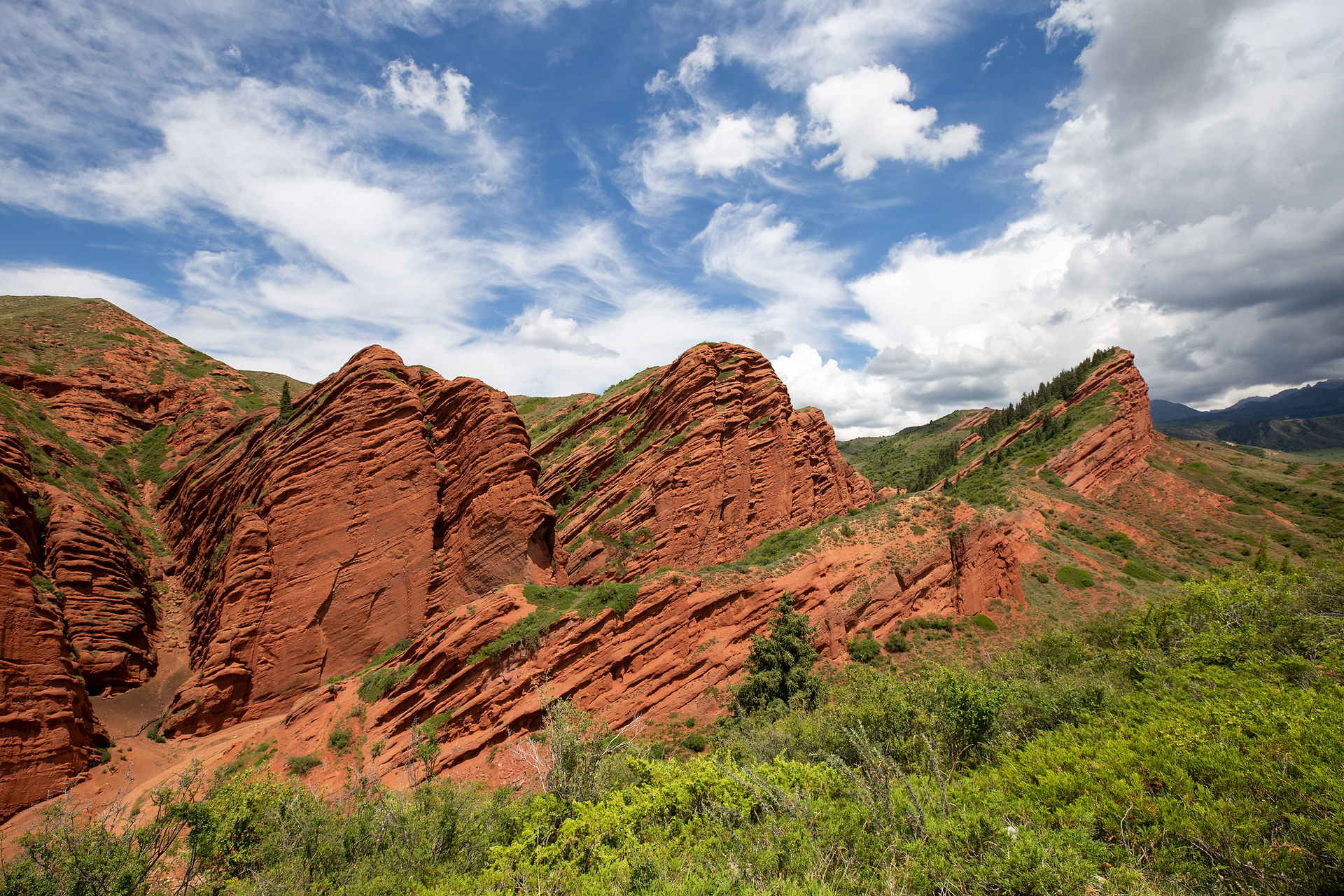Formations rocheuses rouges et verdure dans la région de Jeti Oguz, sous un ciel partiellement nuageux.