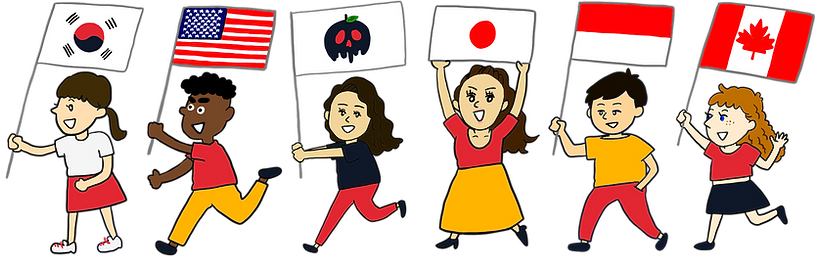 世界各国の旗を持った6人の男女のイラスト