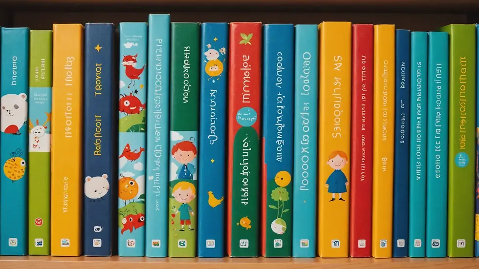 Close-up view of colorful children's storybooks stacked on a shelf