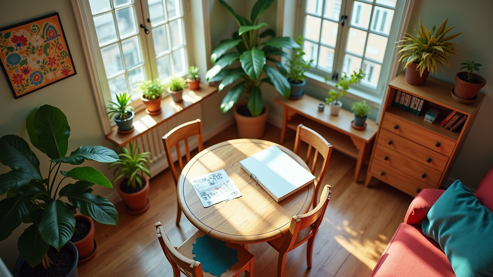 High angle view of a cozy tutoring setup with plants and colorful decor