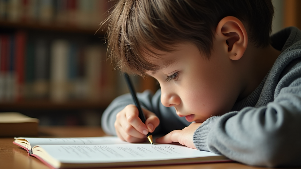 Eye-level view of a child studying classical literature at a desk