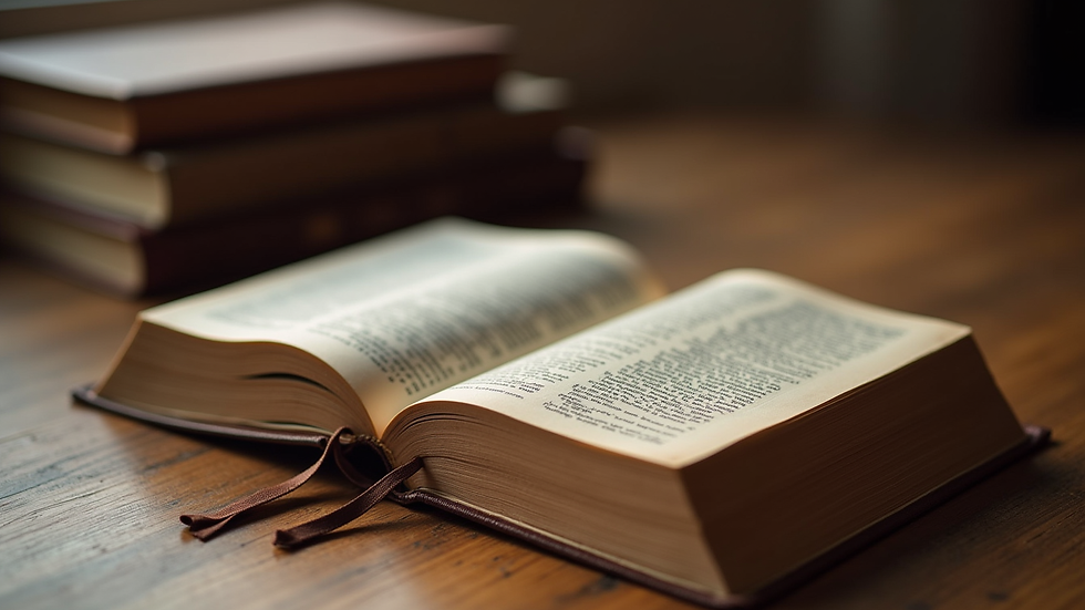 Close-up view of a Bible and classical literature books on a wooden desk