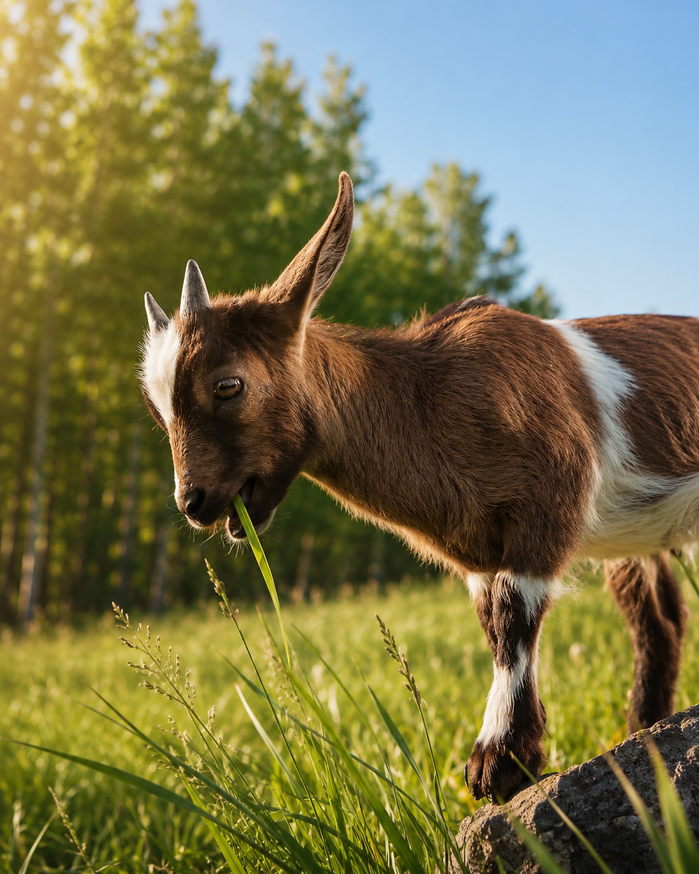 Small goat grazing for artisan goat cheese Alberta.