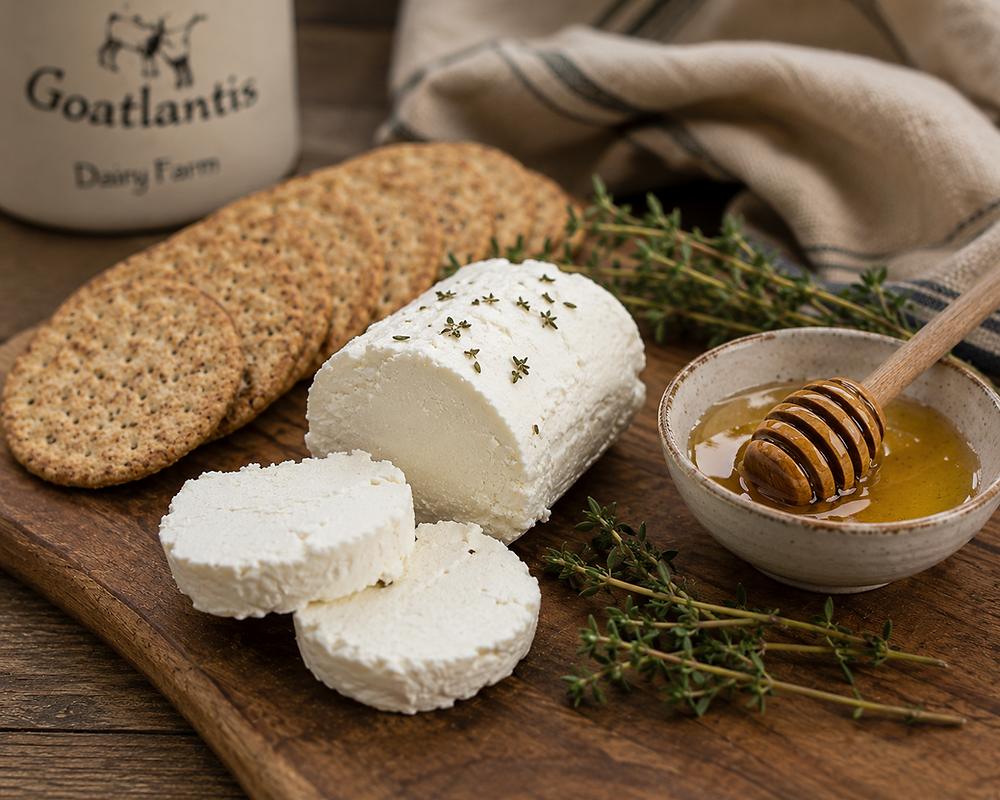 Artisan goat cheese Alberta log with crackers and honey