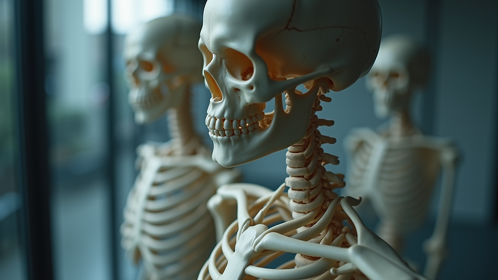 Eye-level view of a human skeleton model highlighting joint structures