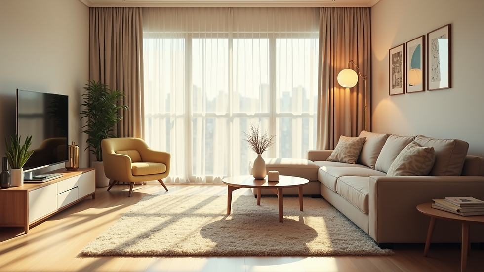 Eye-level view of a sparkling clean living room with sunlight