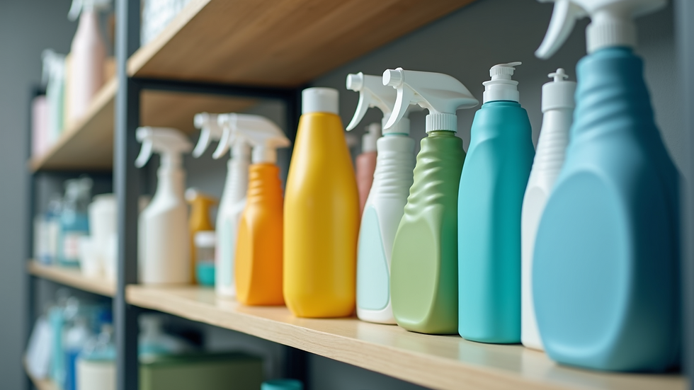 Close-up view of cleaning supplies arranged neatly on a shelf