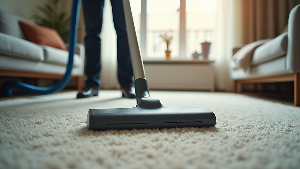 Eye-level view of a professional cleaner vacuuming a carpet in a living room