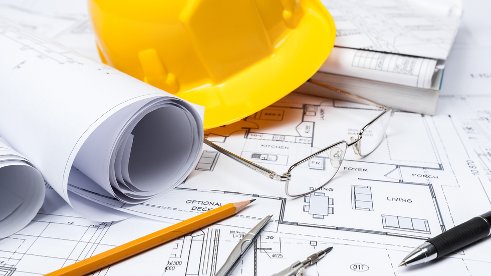 Yellow hard hat, rolled blueprints, glasses, pencil, and ruler on architectural drawings, showing a planning and design theme.