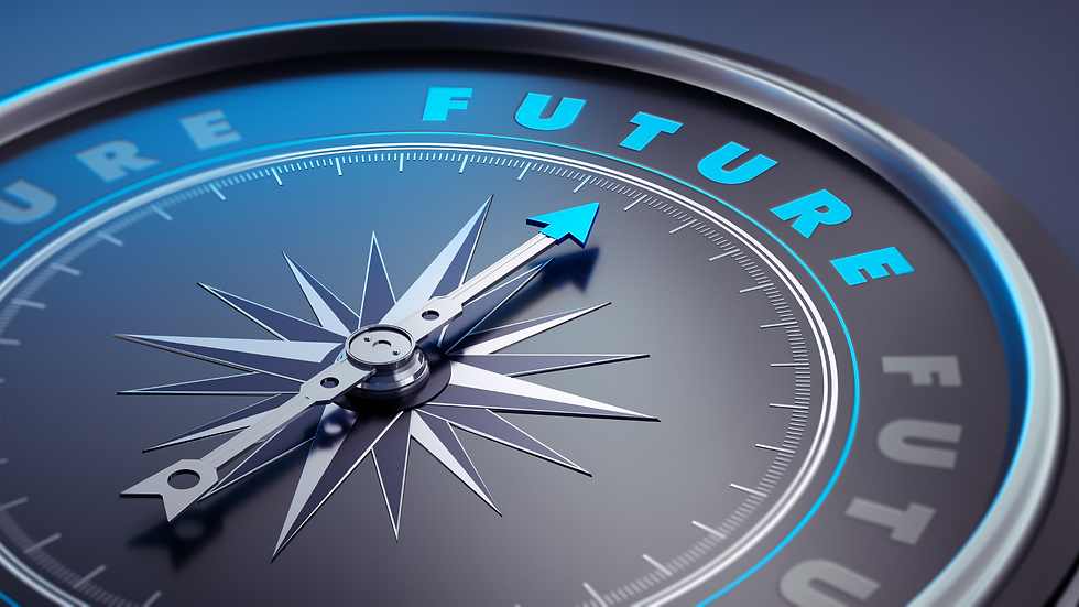 Compass pointing to "FUTURE" in blue text, with a blue and silver design. The background is blurred, creating a futuristic vibe.