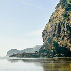 Lion Rock rising above Piha's black sand beach on Auckland's West Coast