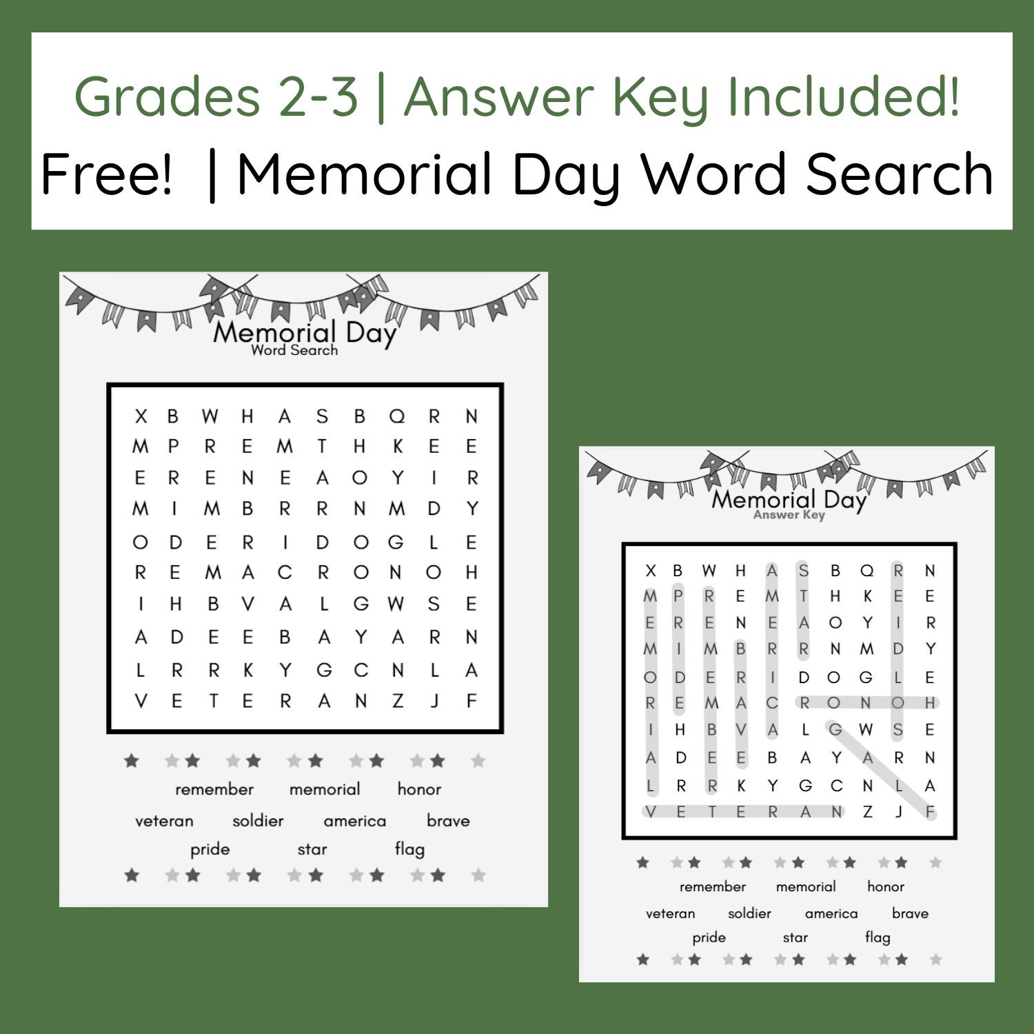 FREE | Memorial Day Word Search | Grades 2–3 | Vocab. Activity with Answer Key!