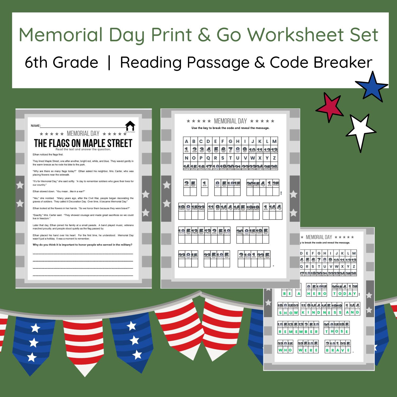 Memorial Day Reading & Code Breaker | 6th Grade | Print & Go Worksheet Set