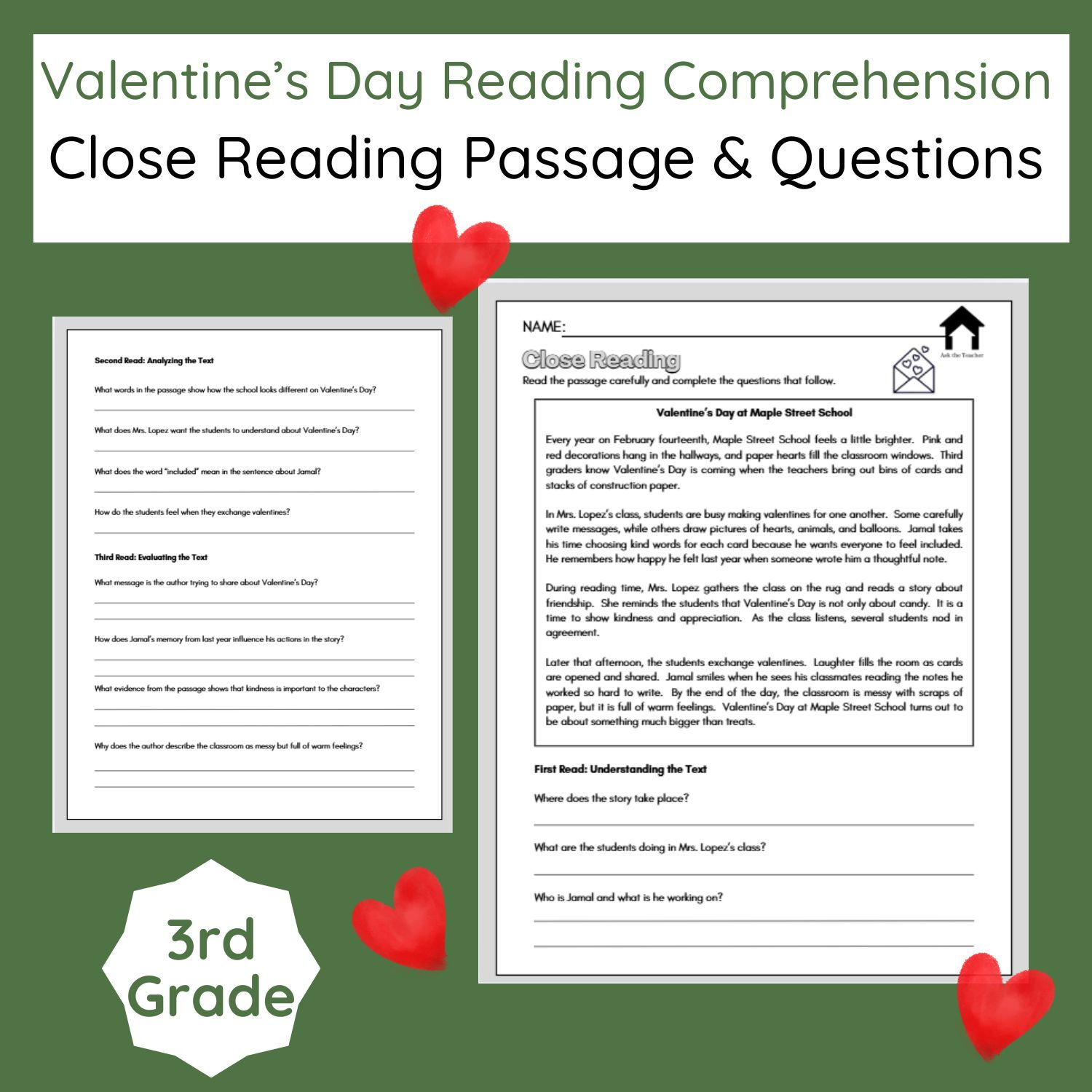 Valentine's Day Close Reading Passage and Questions | 3rd Grade