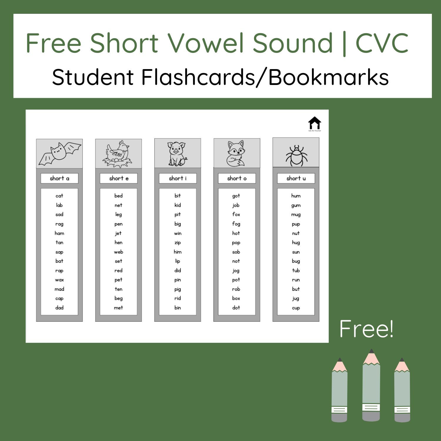 Phonics Bookmarks | Short Vowel CVC Word Flashcards