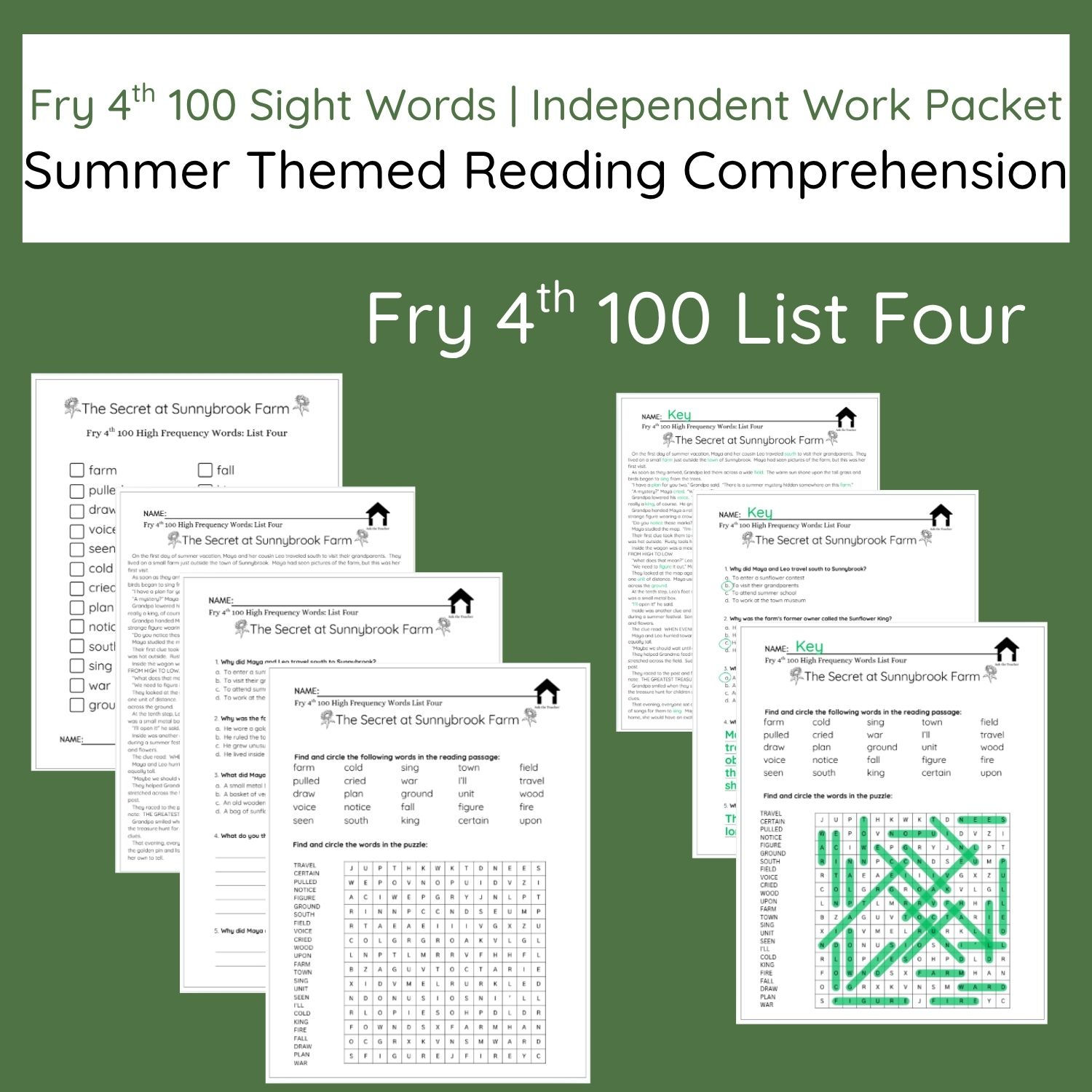 Summer Reading Comprehension & Fry Sight Words | 4th 100 List 4 | 7-Page Packet