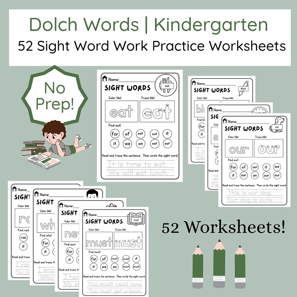 Kindergarten Sight Word Practice | Dolch Primer HFW | 52 Easy Print Worksheets