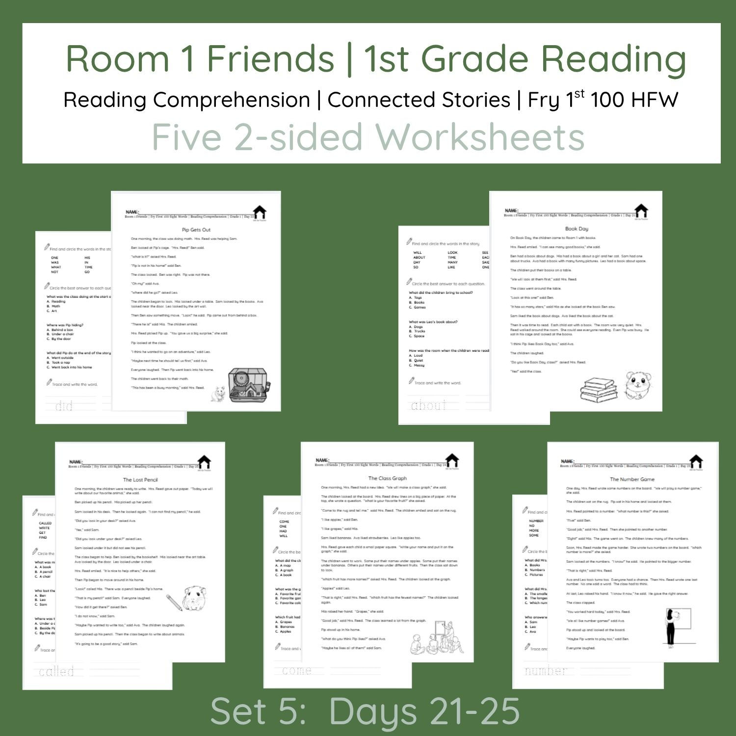 Room 1 Friends | Set 5 | First Grade Reading Comp. Passages & Sight Word | 21-25