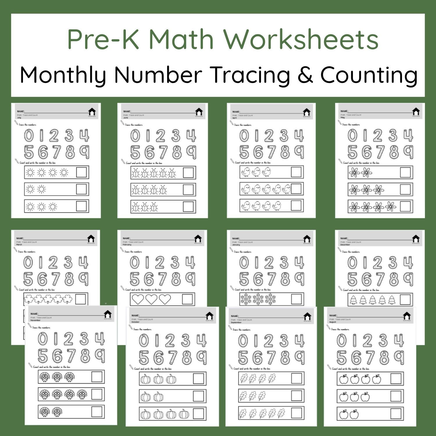 Pre-K Math Worksheets | Monthly Number Tracing 0–9 & Seasonal Counting
