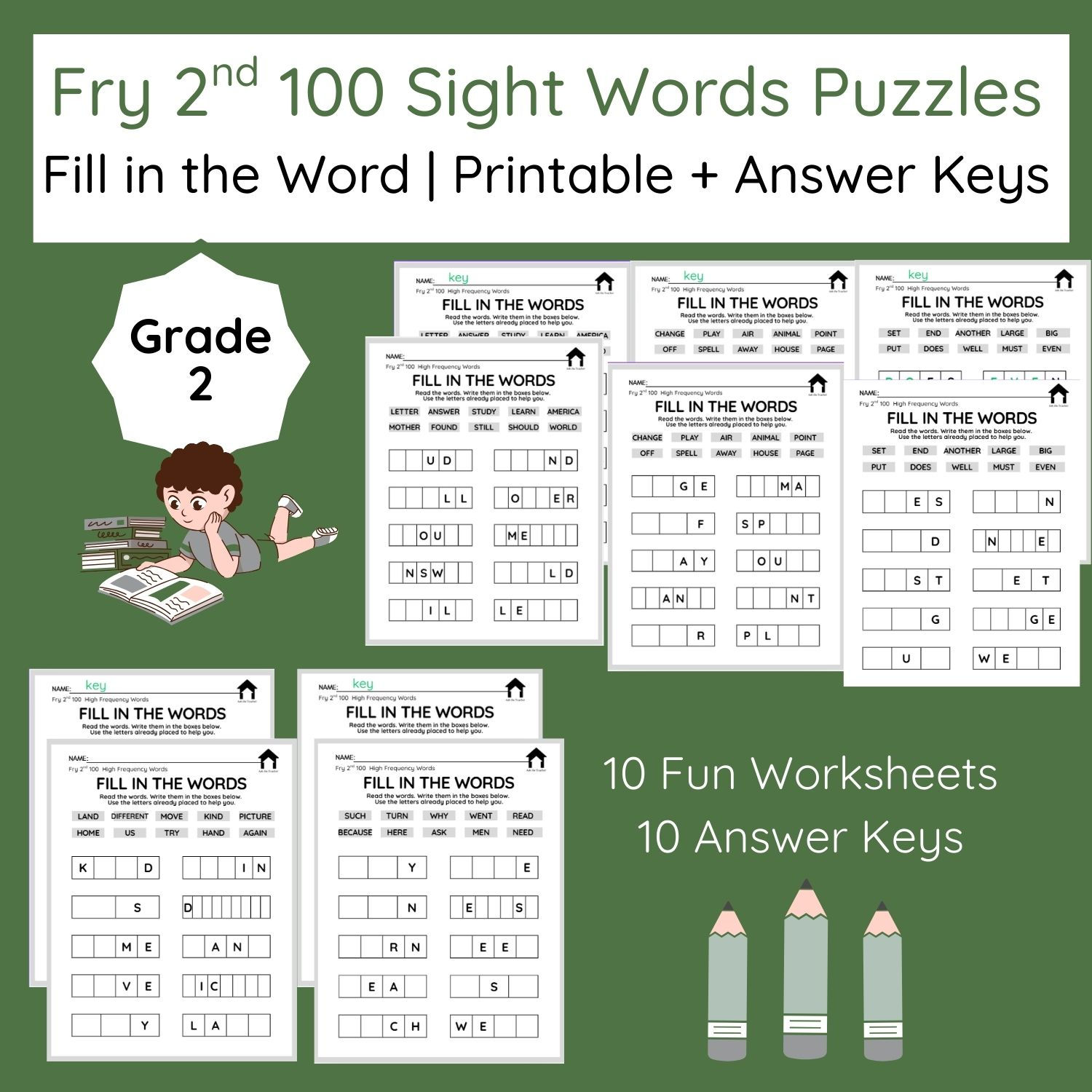 Fry 2nd 100 Sight Words Worksheets | Fill in the Word Puzzles | 2nd Grade HFW