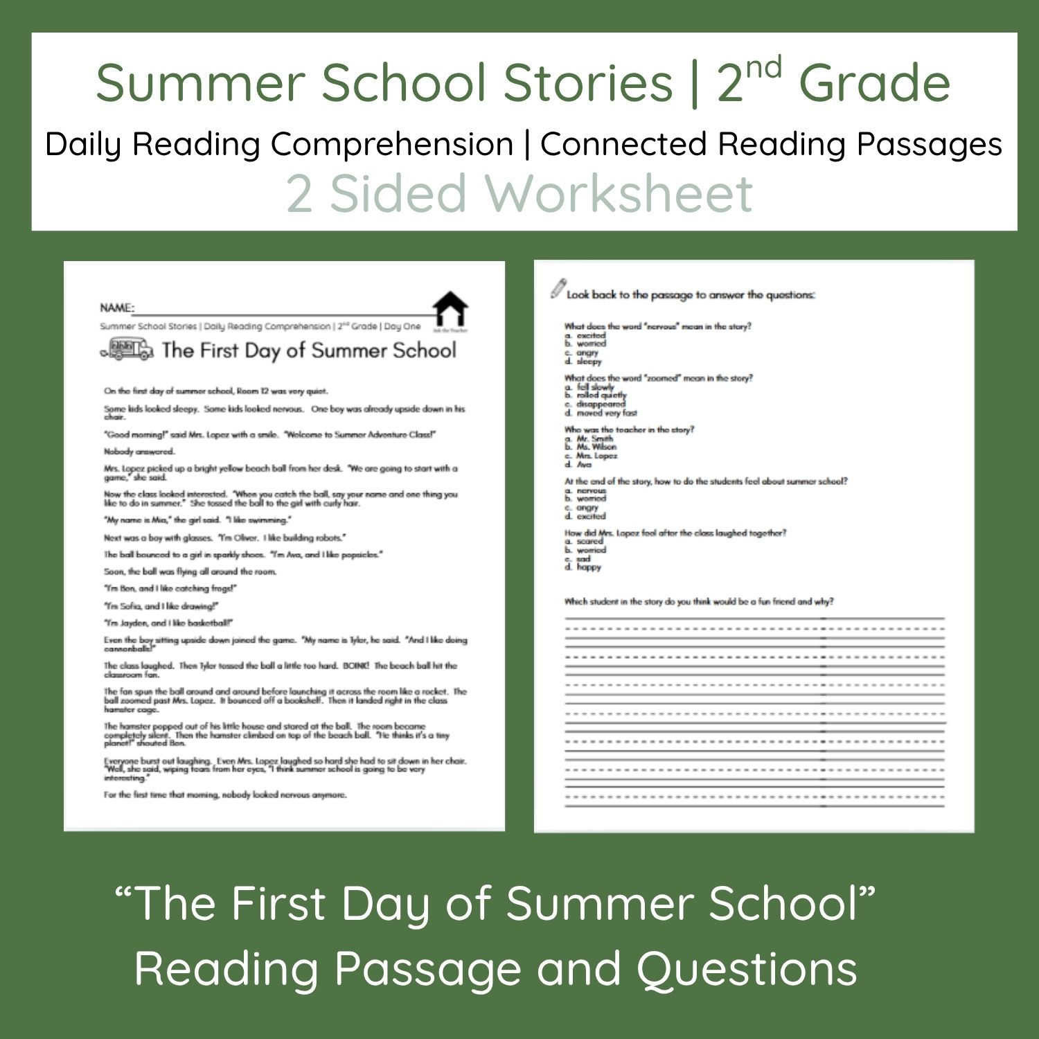 Summer School Stories| First Day of Summer School| Reading Comprehension | Gr. 2
