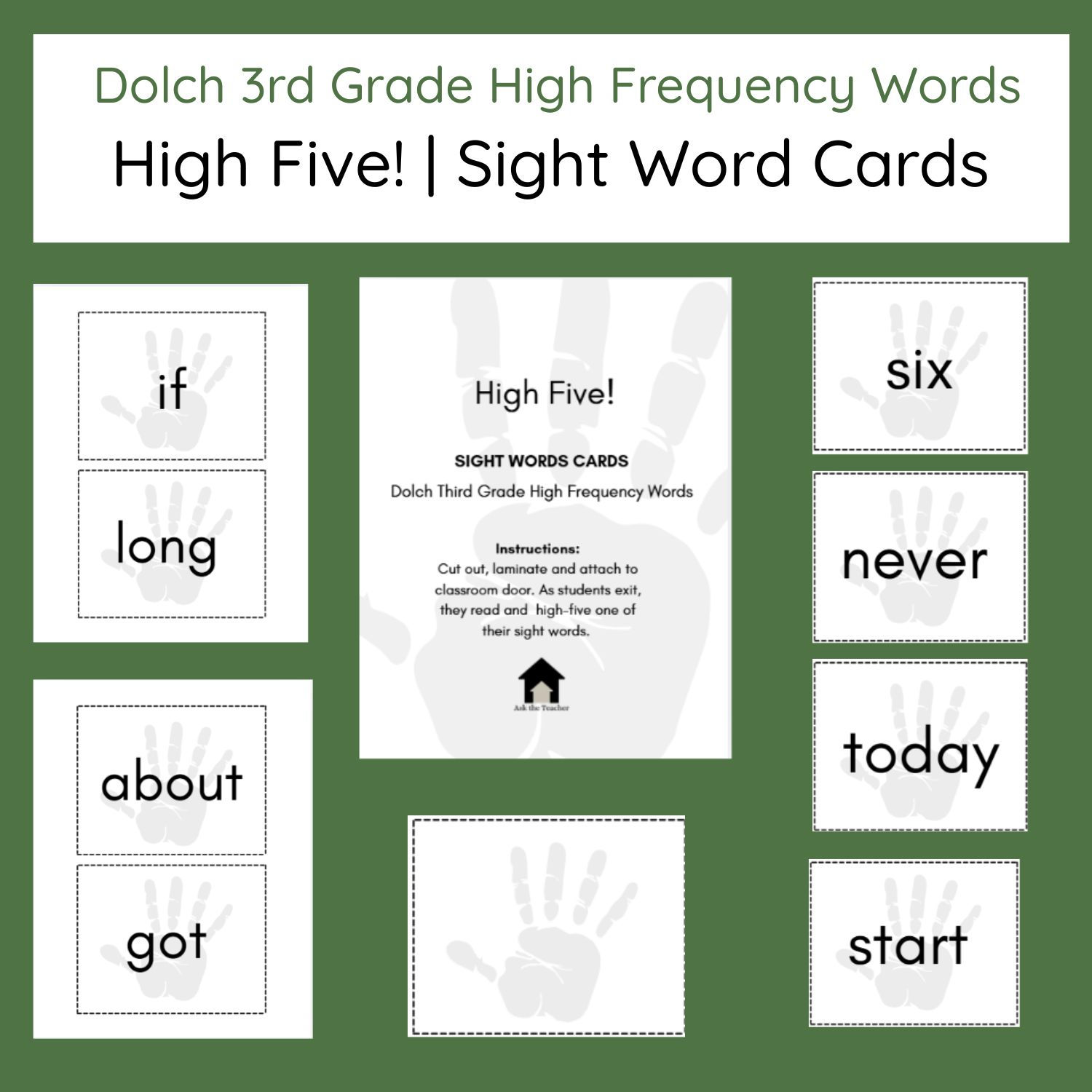 High Five! Sight Word Cards | Dolch 3rd Grade | High Frequency Word Practice