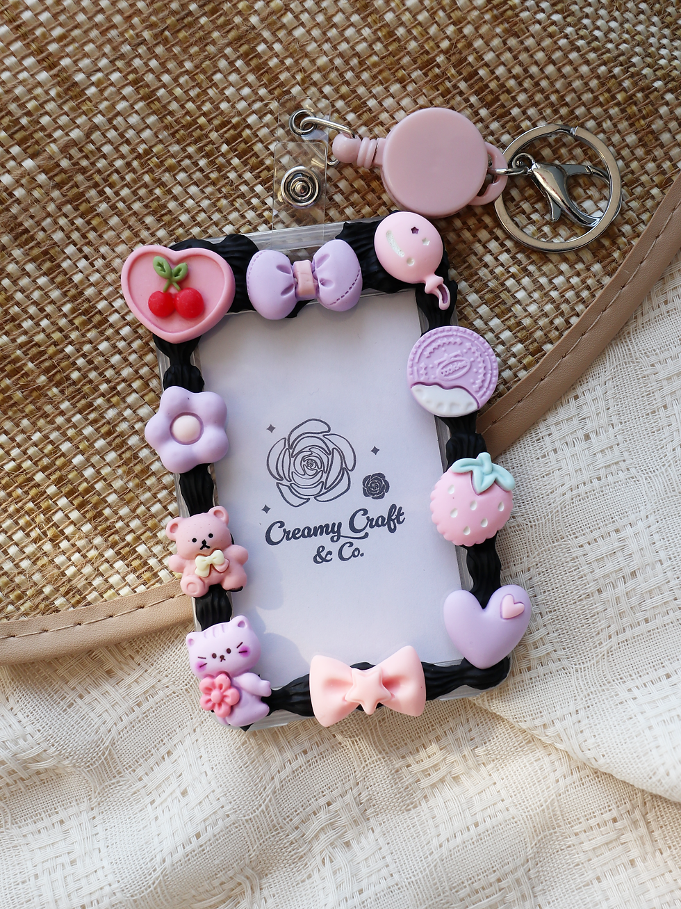 Midnight Bloom black pink and purple card holder gate pass decorated with imitation cream glue front view