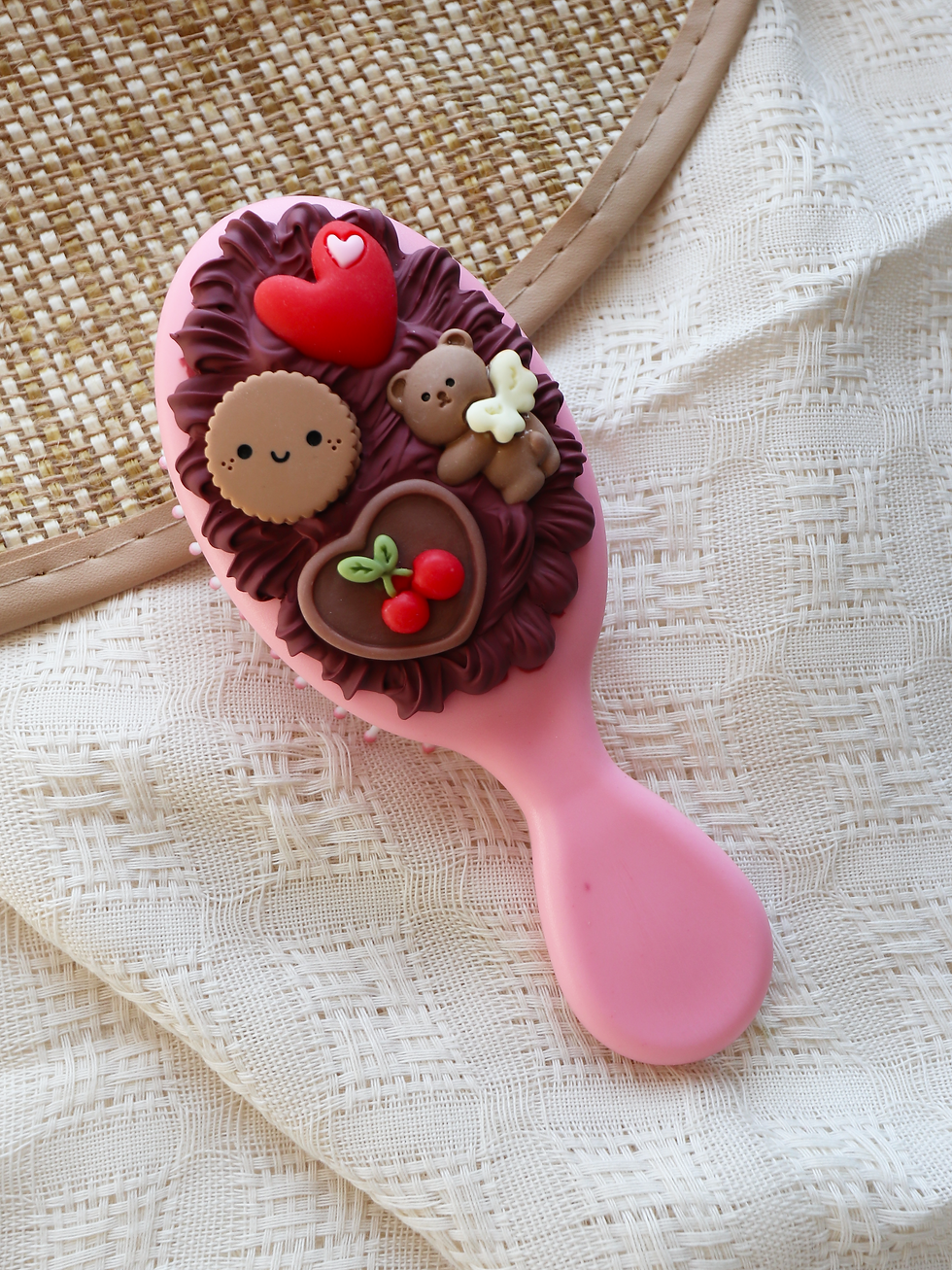Valentine chocolate pink mini hairbrush comb decorated with imitation cream glue front view