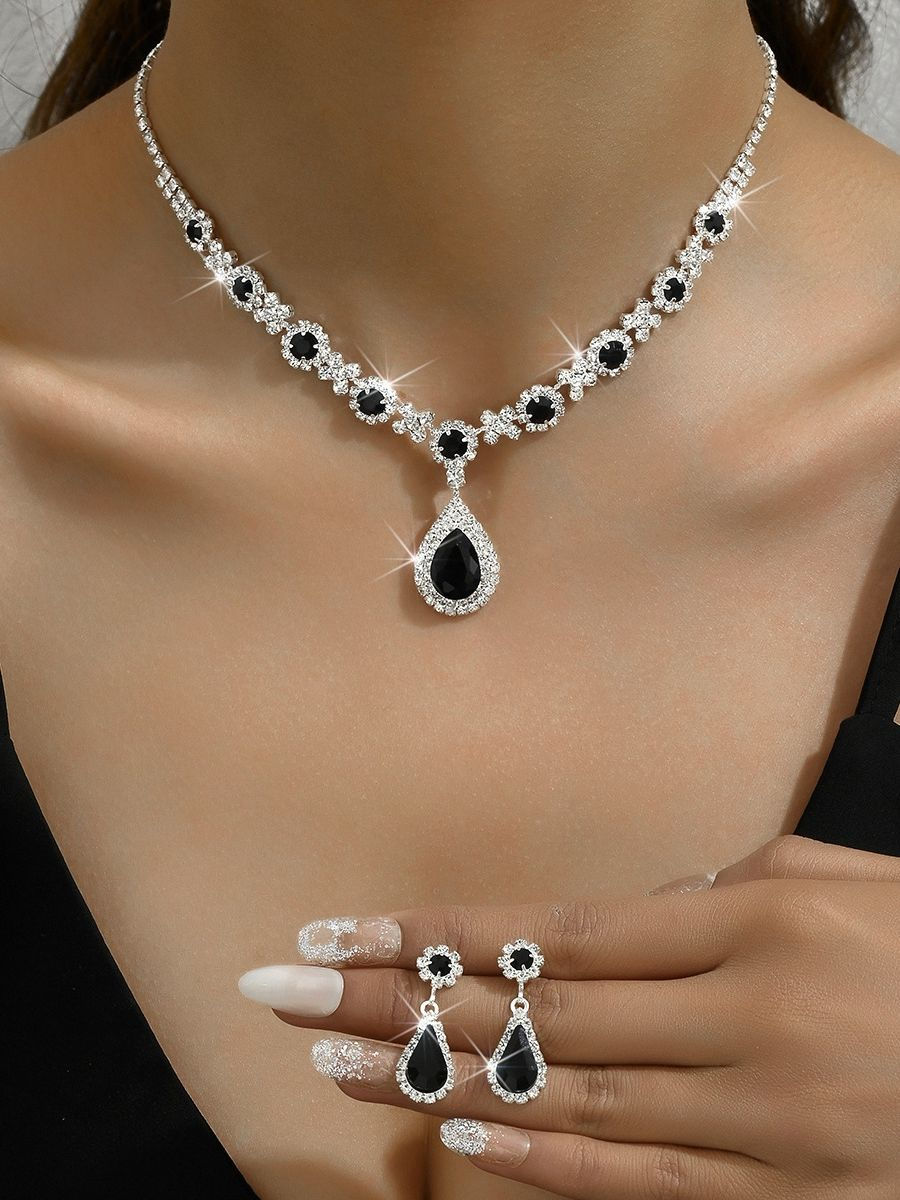 Thumbnail: 3 pieces of women's crystal droplet necklace with earrings set for wedding eveni