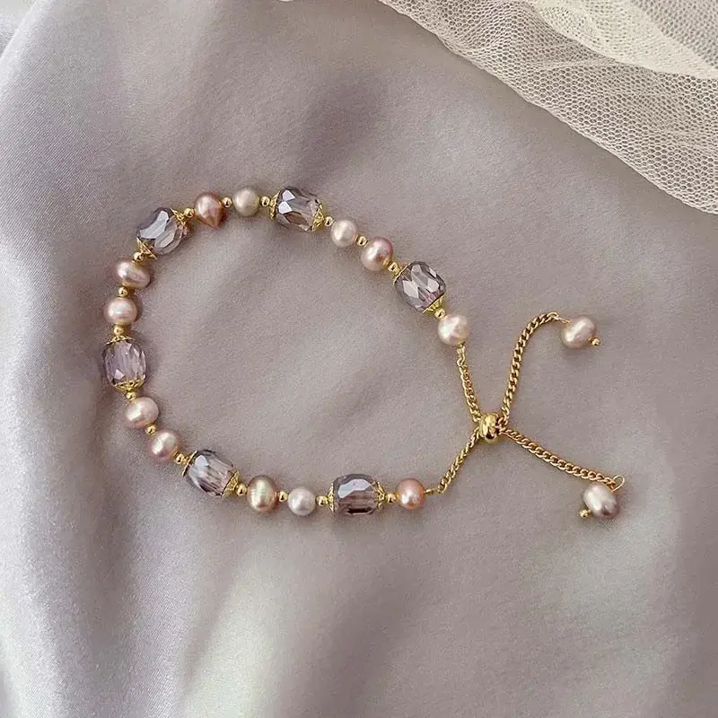Thumbnail: Vintage Purple Pearl Bracelet for Women Girls Adjustable Crystal Chain Fashion J