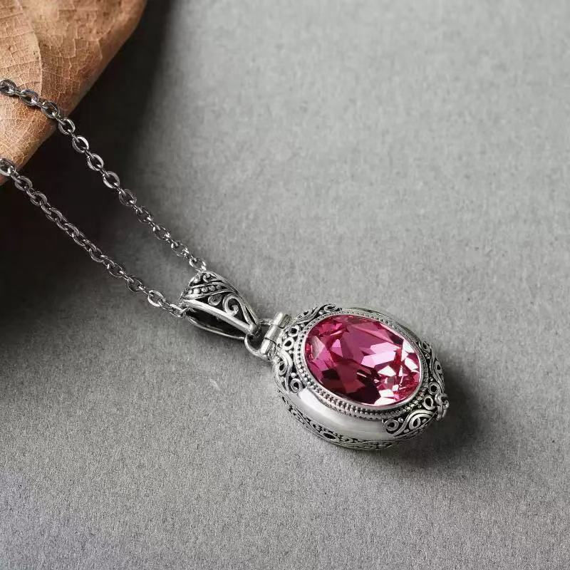 Thumbnail: Vintage Floarl Engraved Green Crystal Locket Necklace Silver Photo Pendant Fashi