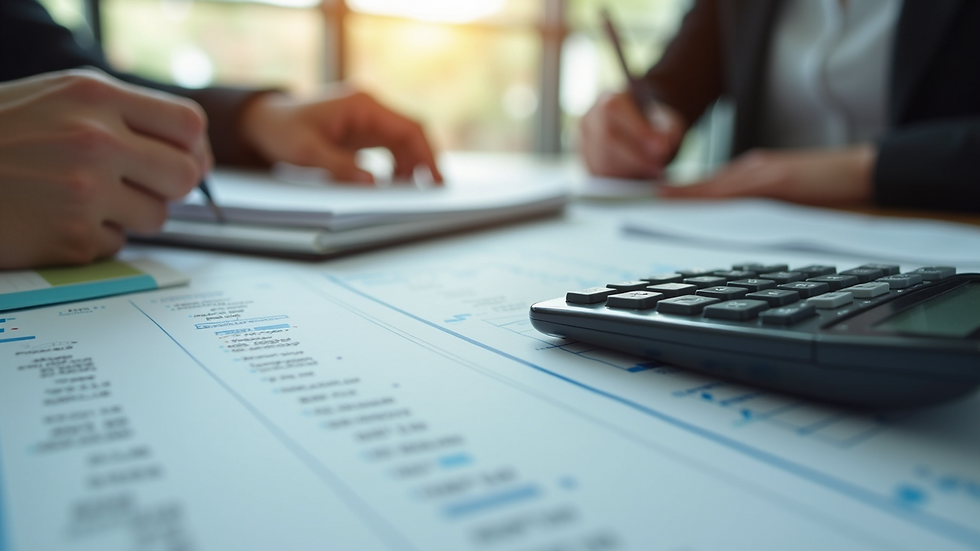 Eye-level view of a desk with a financial planner and calculator