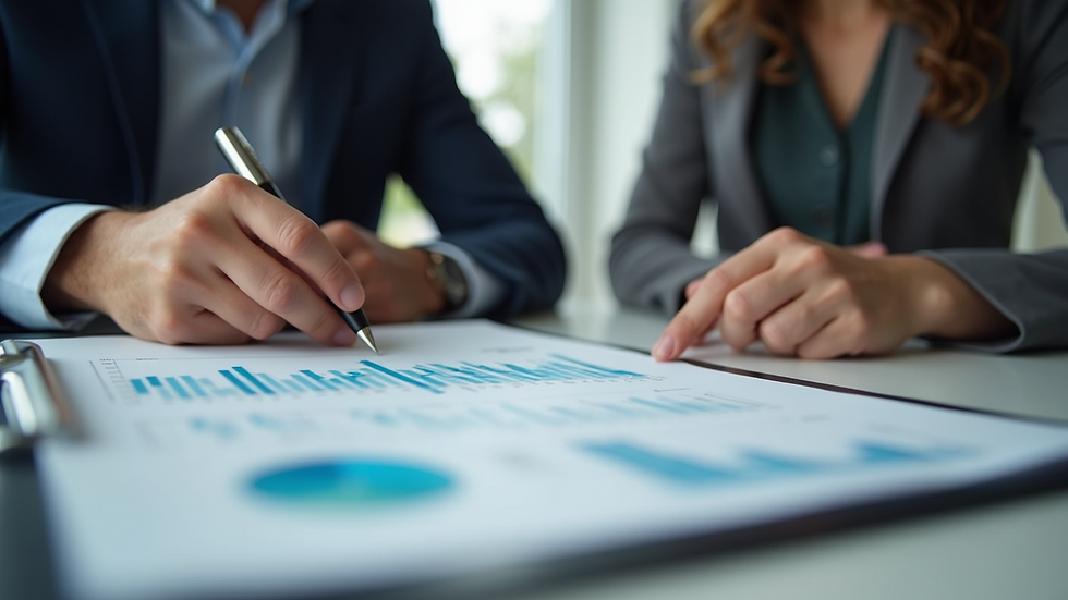 Close-up view of a financial consultant explaining charts to a client