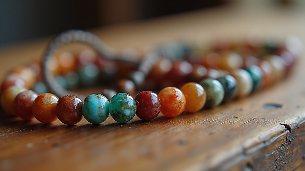 Eye-level view of a collection of chakra bracelets with colorful stones