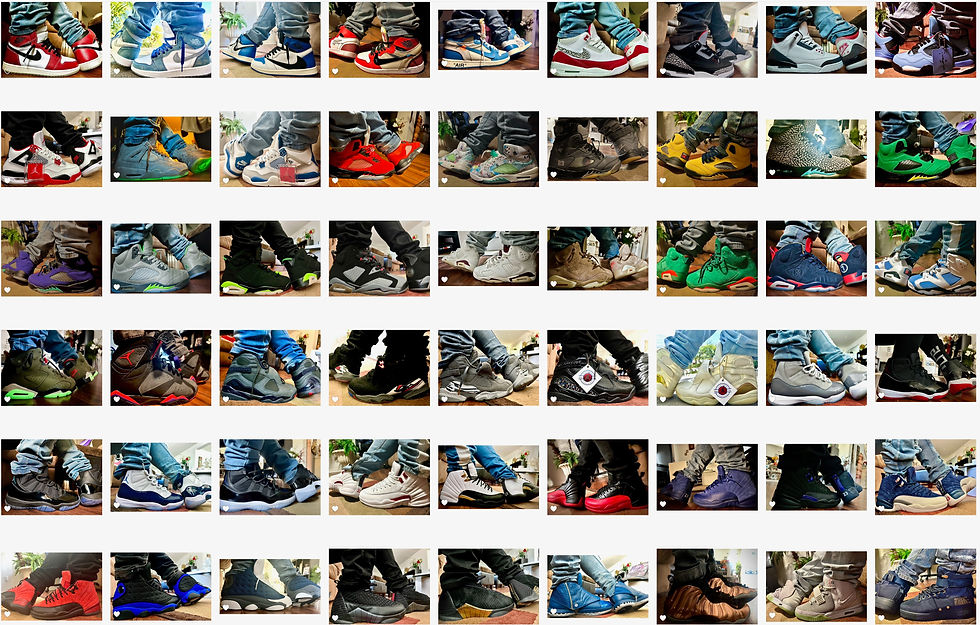 A wide collage of sneaker photos showcasing a variety of iconic and colorful Air Jordans and Nike sneakers, each worn with jeans and styled from a first-person angle, highlighting personal curation and streetwear precision.