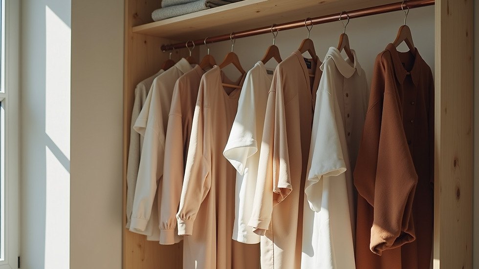 Eye-level view of a minimalist wardrobe with curated clothing pieces
