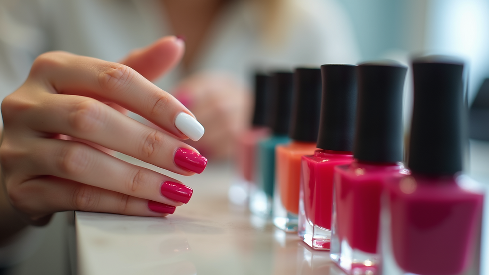Close-up view of a nail salon with various nail polish colors
