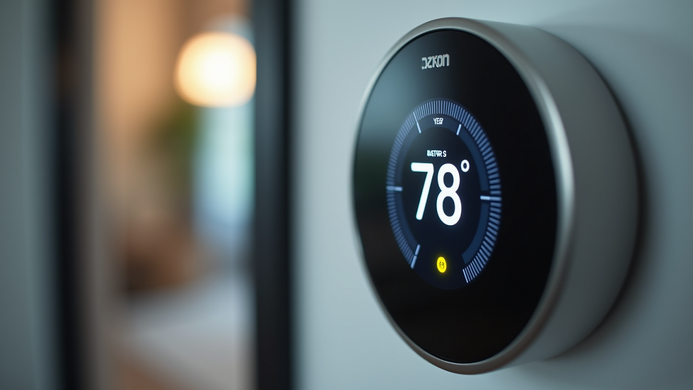 Close-up view of a thermostat displaying a comfortable temperature