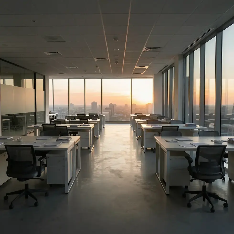 Podcast cover image for an episode about the death of the office and hybrid work, landscape format.