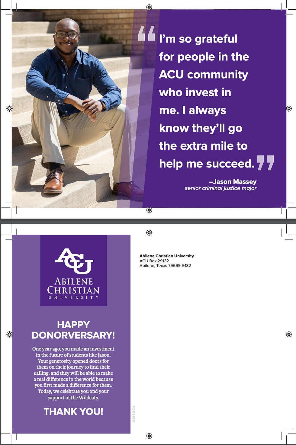 Man in blue shirt on steps smiles; quote about ACU community support in purple. "Happy Donorversary" message and ACU logo below.