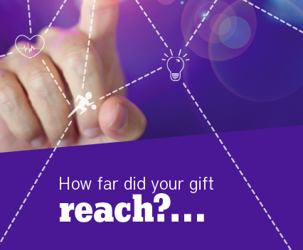 Person touching screen of line/icon illustration with text "How far did your gift reach?..."